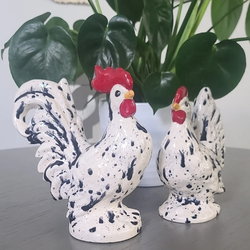 Speckled Rooster Figurines Set Of 2